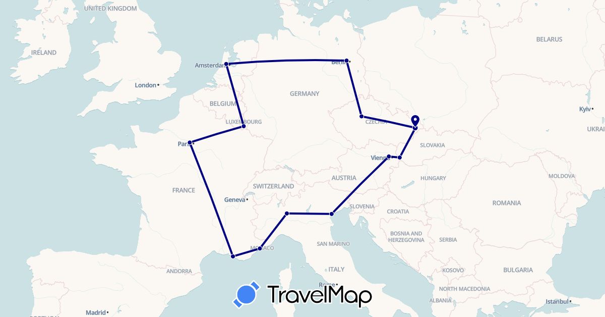 TravelMap itinerary: driving in Austria, Czech Republic, Germany, France, Italy, Luxembourg, Netherlands, Slovakia (Europe)